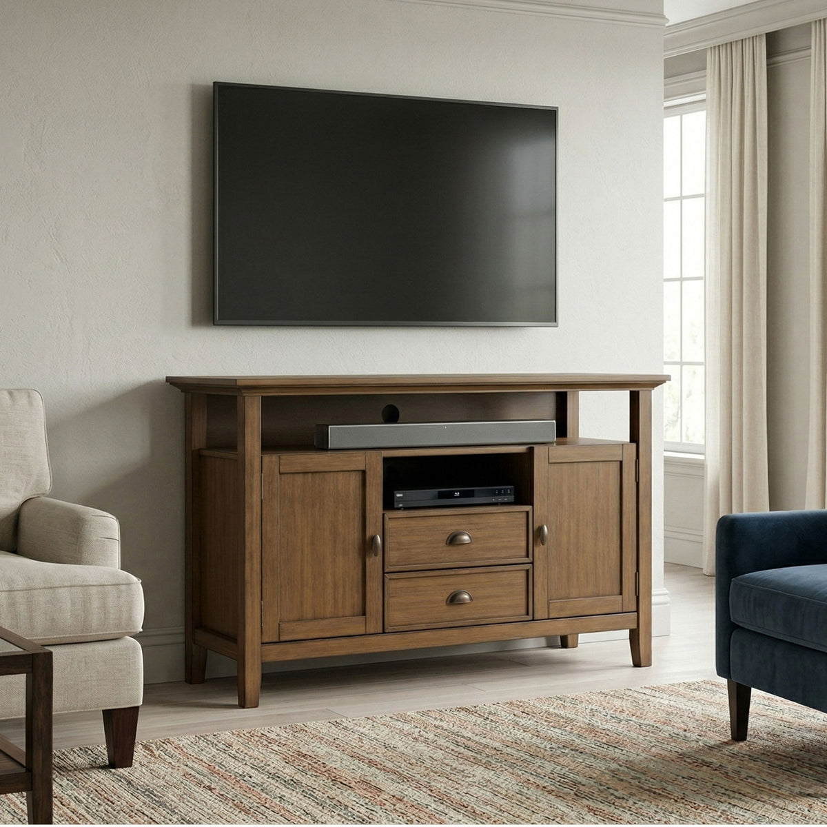 Tall rustic media stand in aged brown wood with cabinet doors and drawer storage
