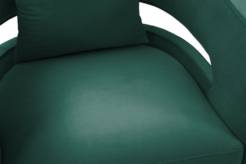 Green swivel chair seat cushion with upholstered arm and back panel