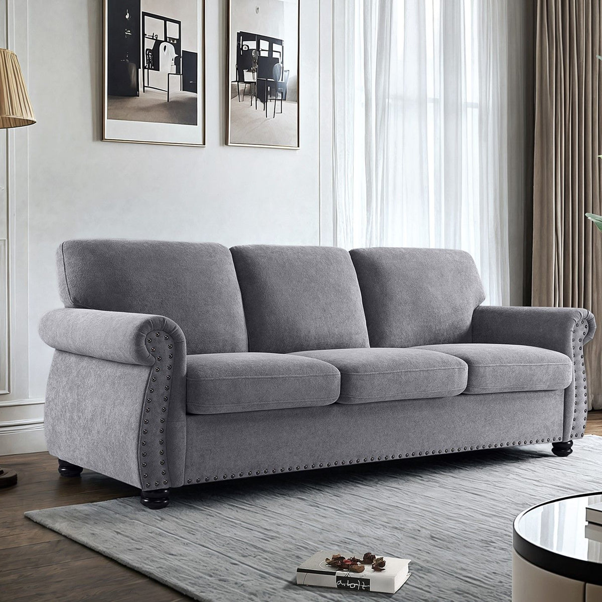 Soft Sofa, Upholstered 3 Seater Couch With High Density Foam, Loose Back Cushions And Turned Legs
