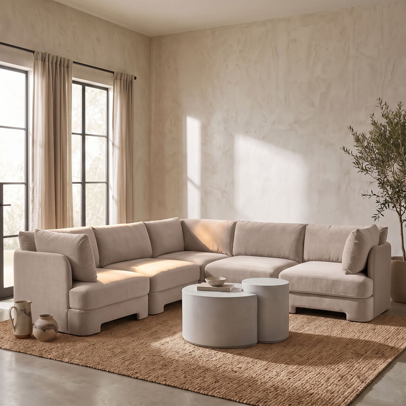 Beige velvet corner sectional sofa with chaise and ottoman-style seats