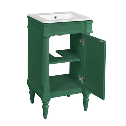 Dark green bathroom vanity with drop-in sink, side door open showing interior shelf space
