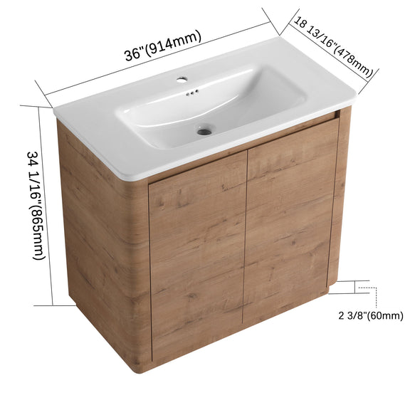Light brown freestanding bathroom vanity with integrated sink and two soft-close doors