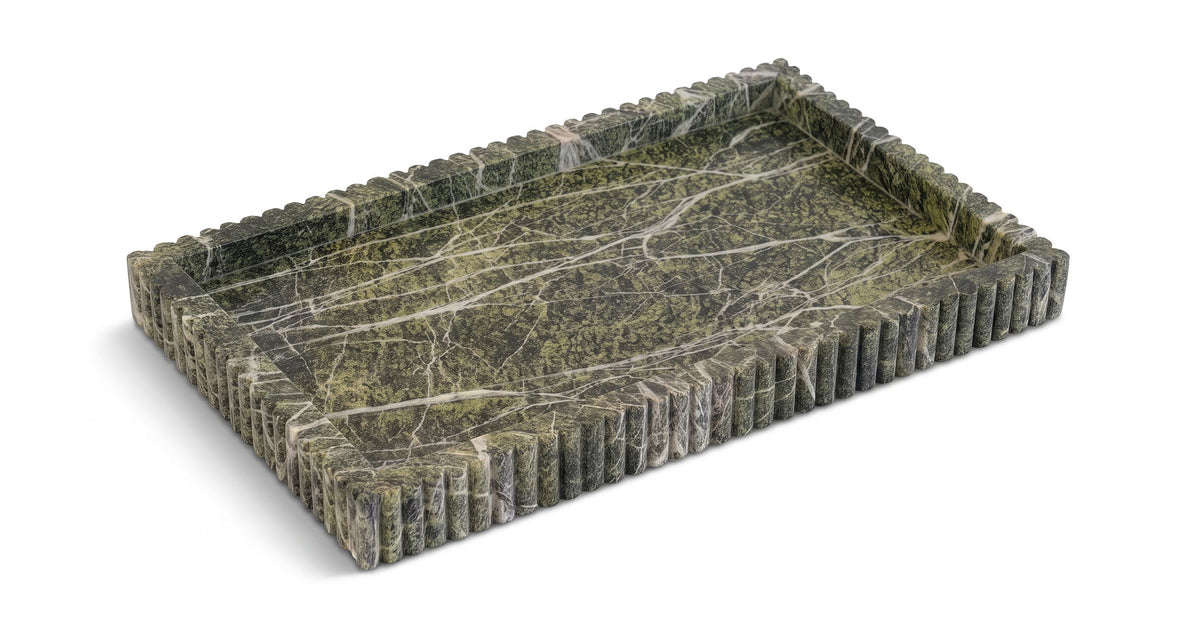 Dark green marble tray with carved ridged border and thin light veining