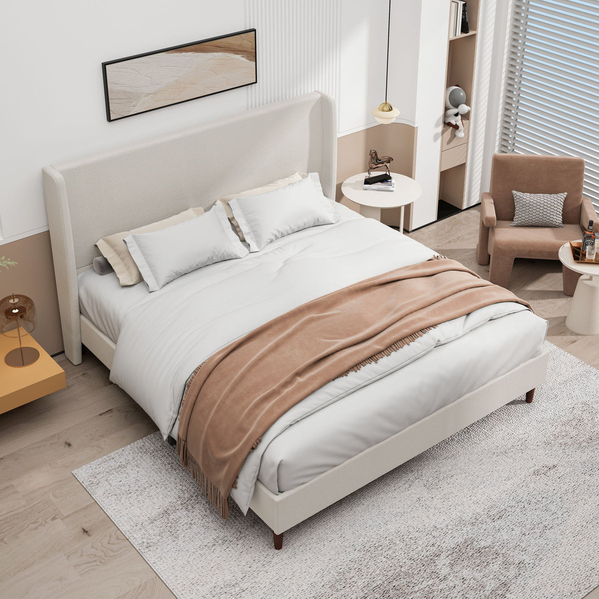 Upholstered bed with tall beige headboard and matching frame, shown from above