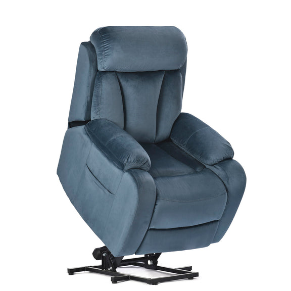 Navy fabric power lift recliner with tufted back, padded seat, and side arm bolster