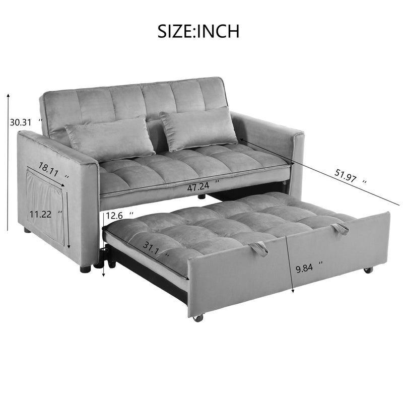 Convertible sofa bed with pull-out mattress and tufted seat, medium gray upholstery