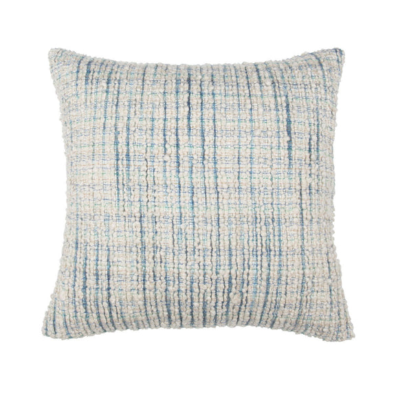 Blue textured woven throw pillow, square shape with subtle grid pattern