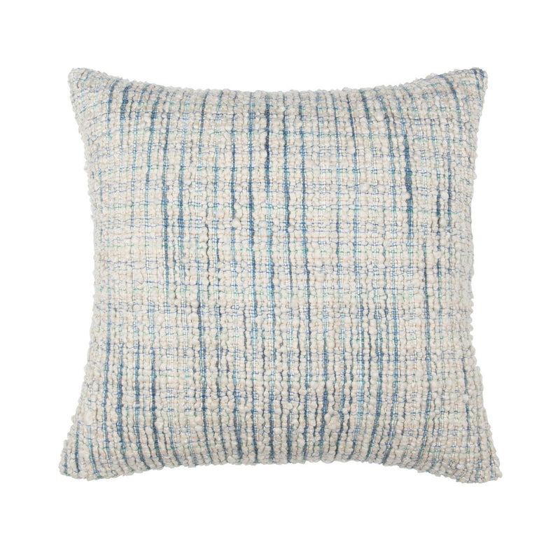 Blue textured woven throw pillow, square shape with subtle grid pattern