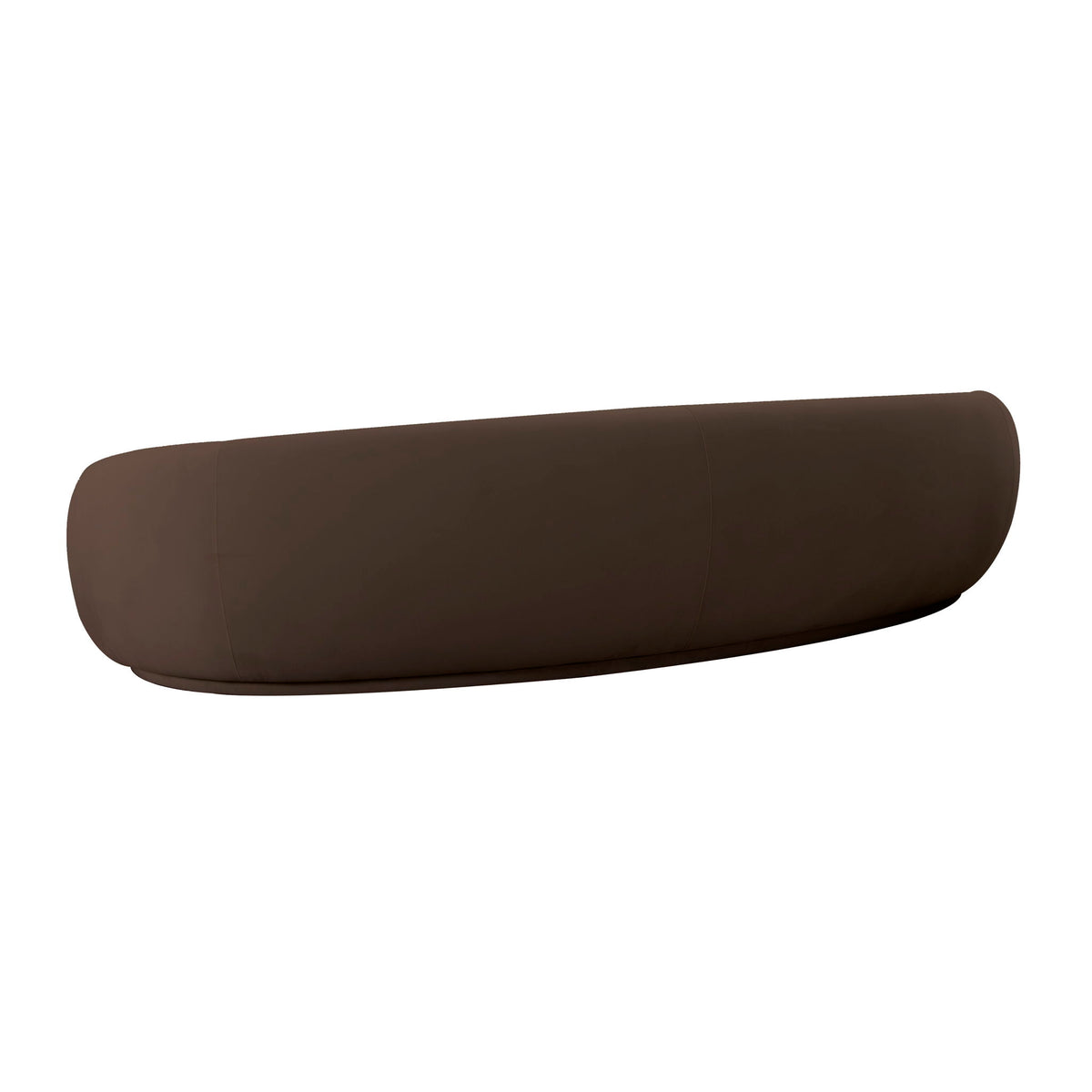 Dark brown velvet sofa with rounded arms and back, smooth curved design