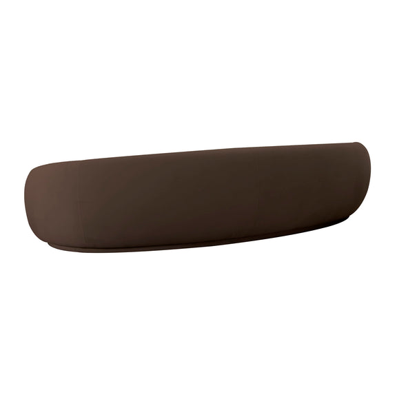 Dark brown velvet sofa with rounded arms and back, smooth curved design