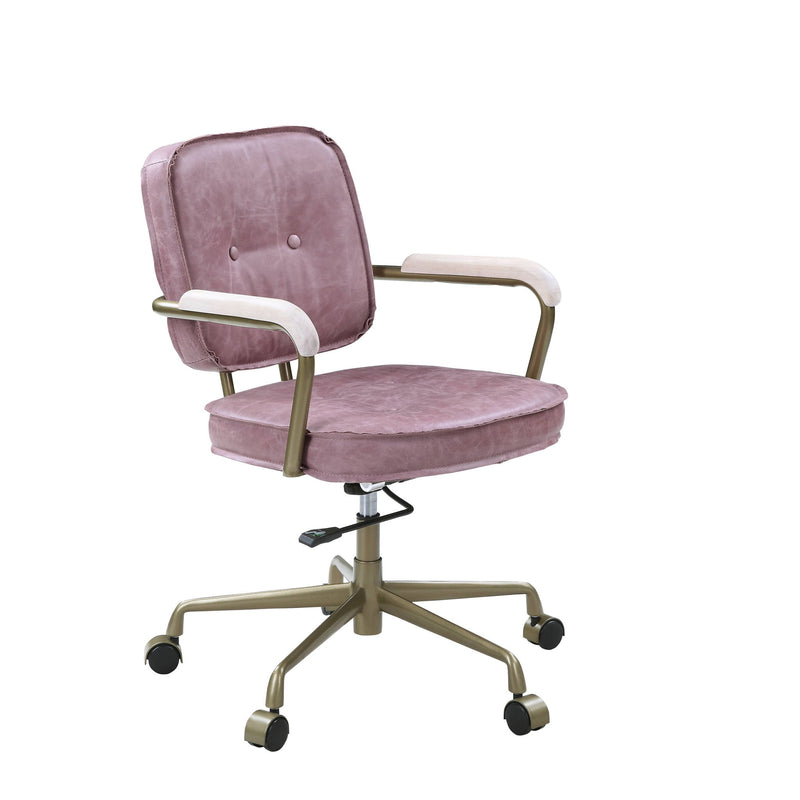 Pink upholstered office chair with padded arms, tufted backrest, and rolling casters.