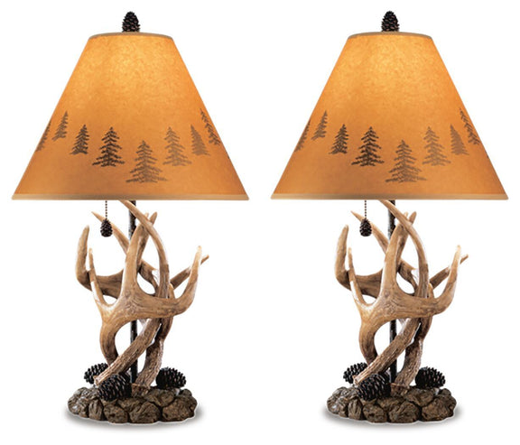 Set of 2 table lamps with brown antler-style base and amber pine-pattern fabric shade
