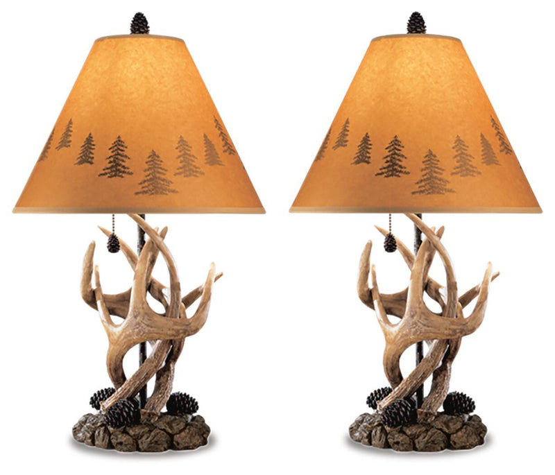 Set of 2 table lamps with brown antler-style base and amber pine-pattern fabric shade