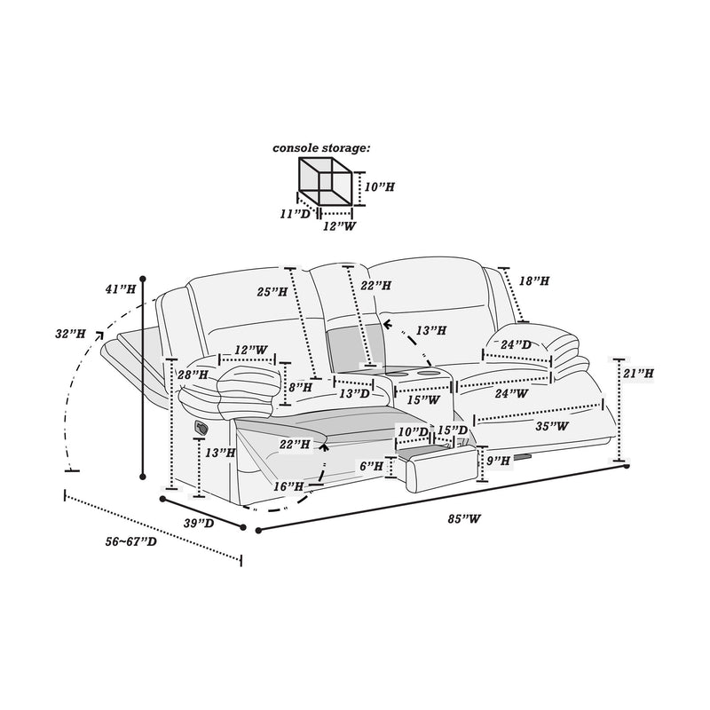 Loveseat dimensions diagram showing console storage layout and measurements