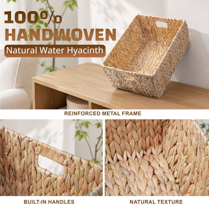 Handwoven water hyacinth storage basket with metal frame and built-in handles