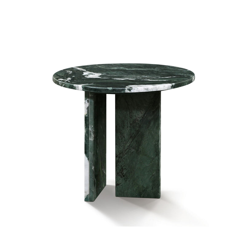 Round dark green marble-look coffee table with thick pedestal base