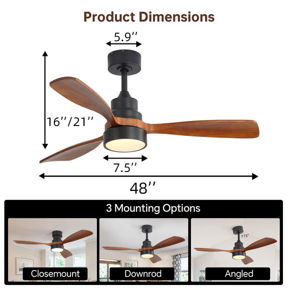 Ceiling fan dimension graphic for 48 in with LED light and three wood blades