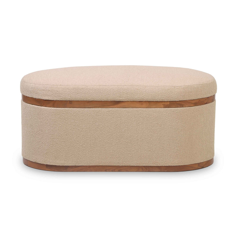 Olivier boucle oval storage ottoman, beige fabric upholstery with wooden base