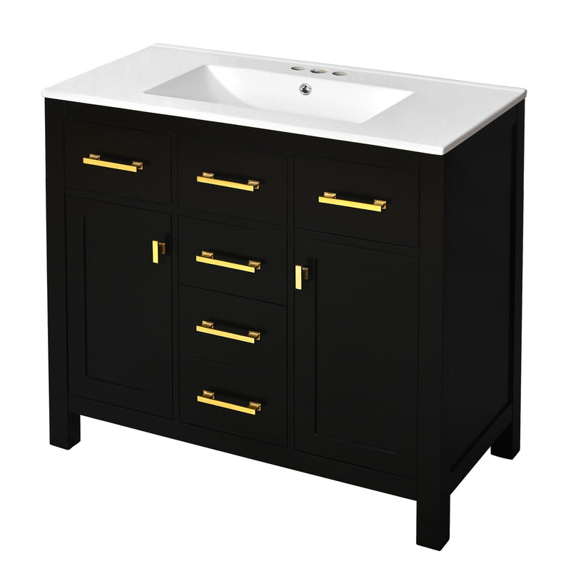 Black bathroom vanity with white sink, four drawers, two doors, and gold-tone pulls