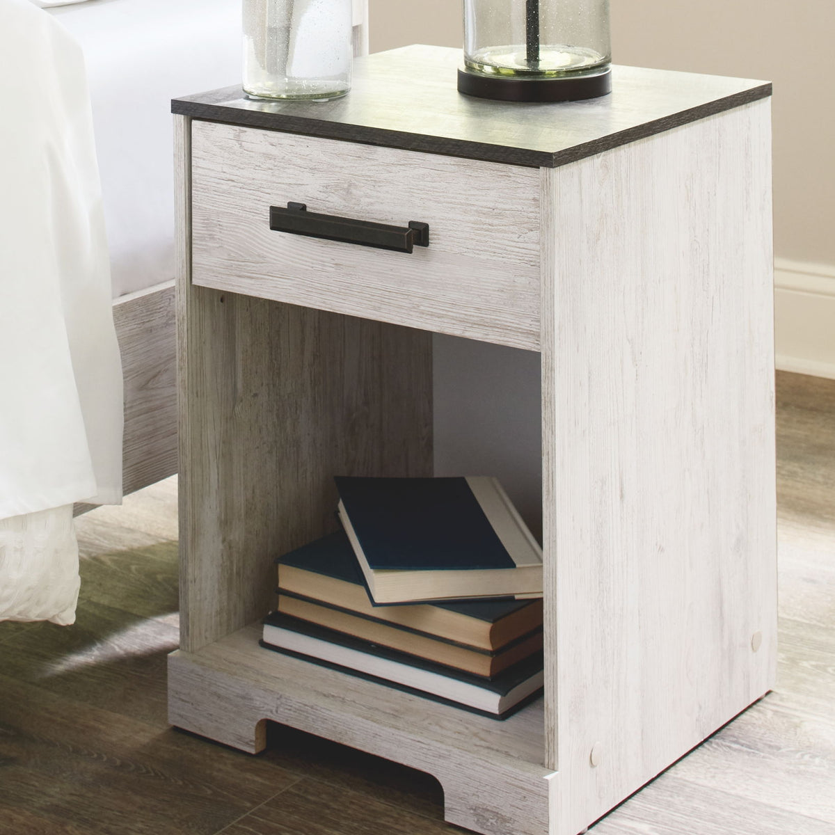 Shawburn - One Drawer Night Stand - Whitewash / Charcoal Gray