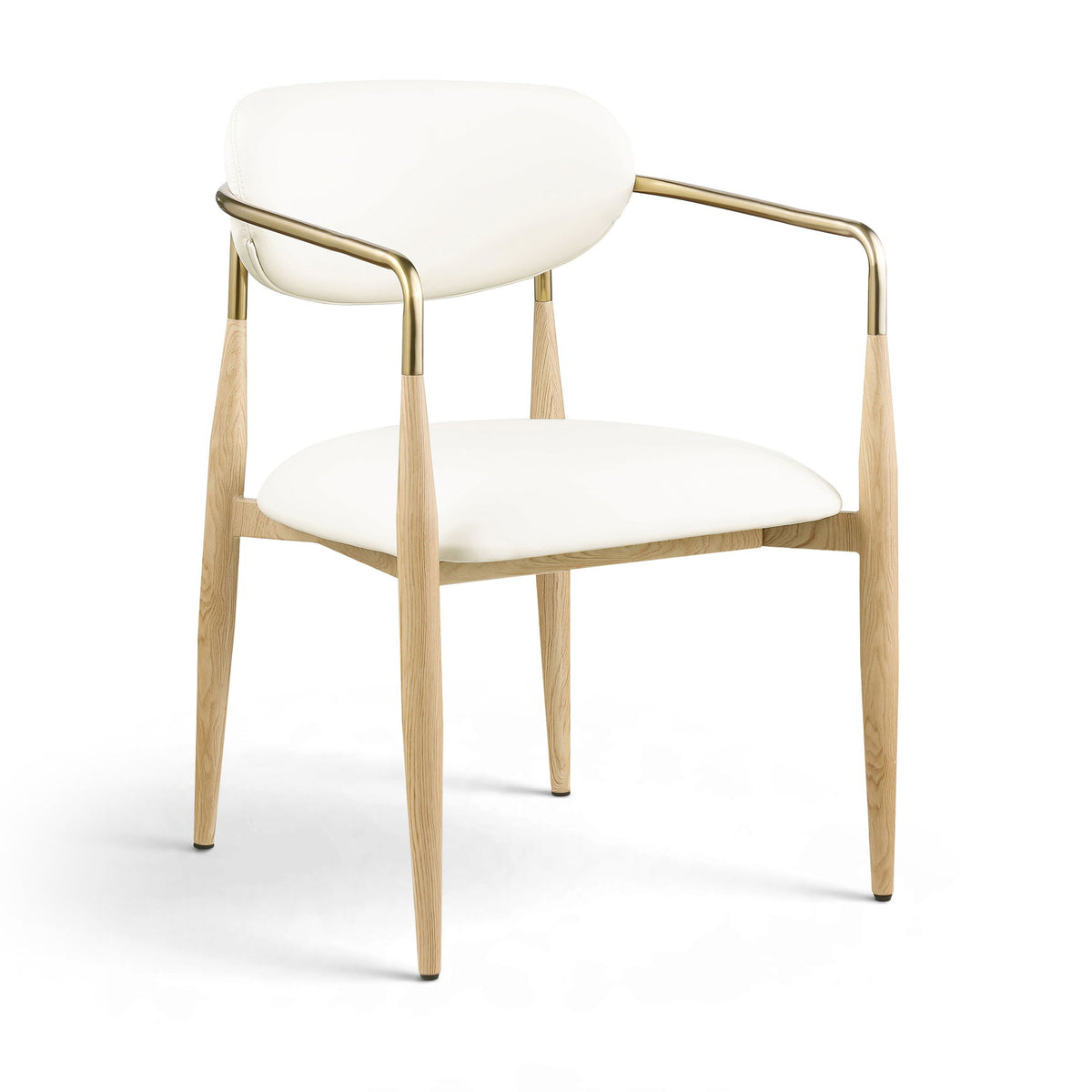 Dining arm chair with white upholstery seat and back, light wood legs, gold-tone arms