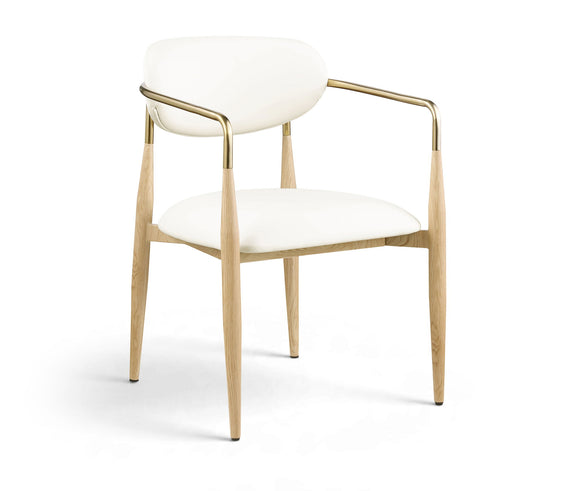 Dining arm chair with white upholstery seat and back, light wood legs, gold-tone arms