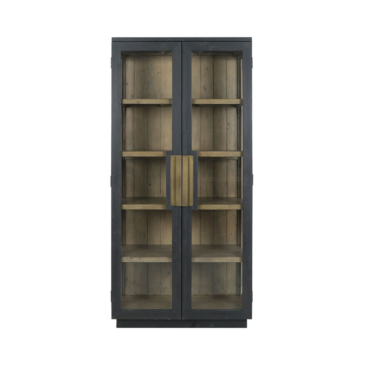Larson tall cabinet front view with black frame, glass panels, and gold-tone latch.