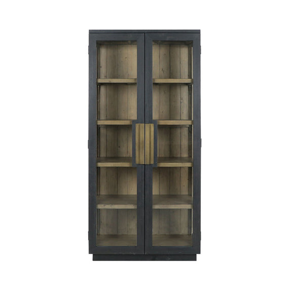 Larson tall cabinet front view with black frame, glass panels, and gold-tone latch.