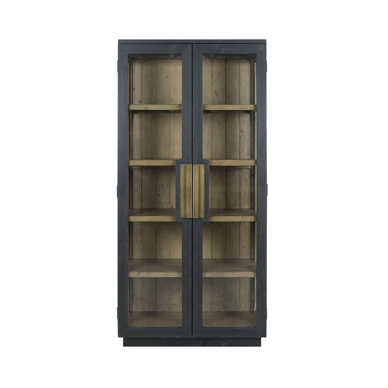 Larson tall cabinet front view with black frame, glass panels, and gold-tone latch.