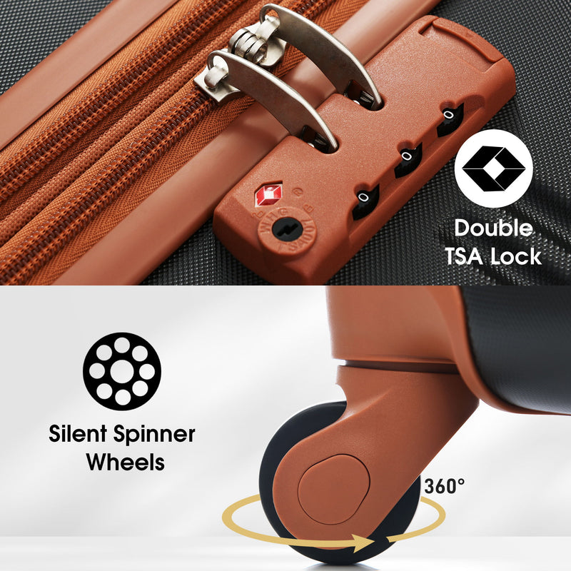 Brown hardshell suitcase detail with TSA lock and quiet spinner wheels