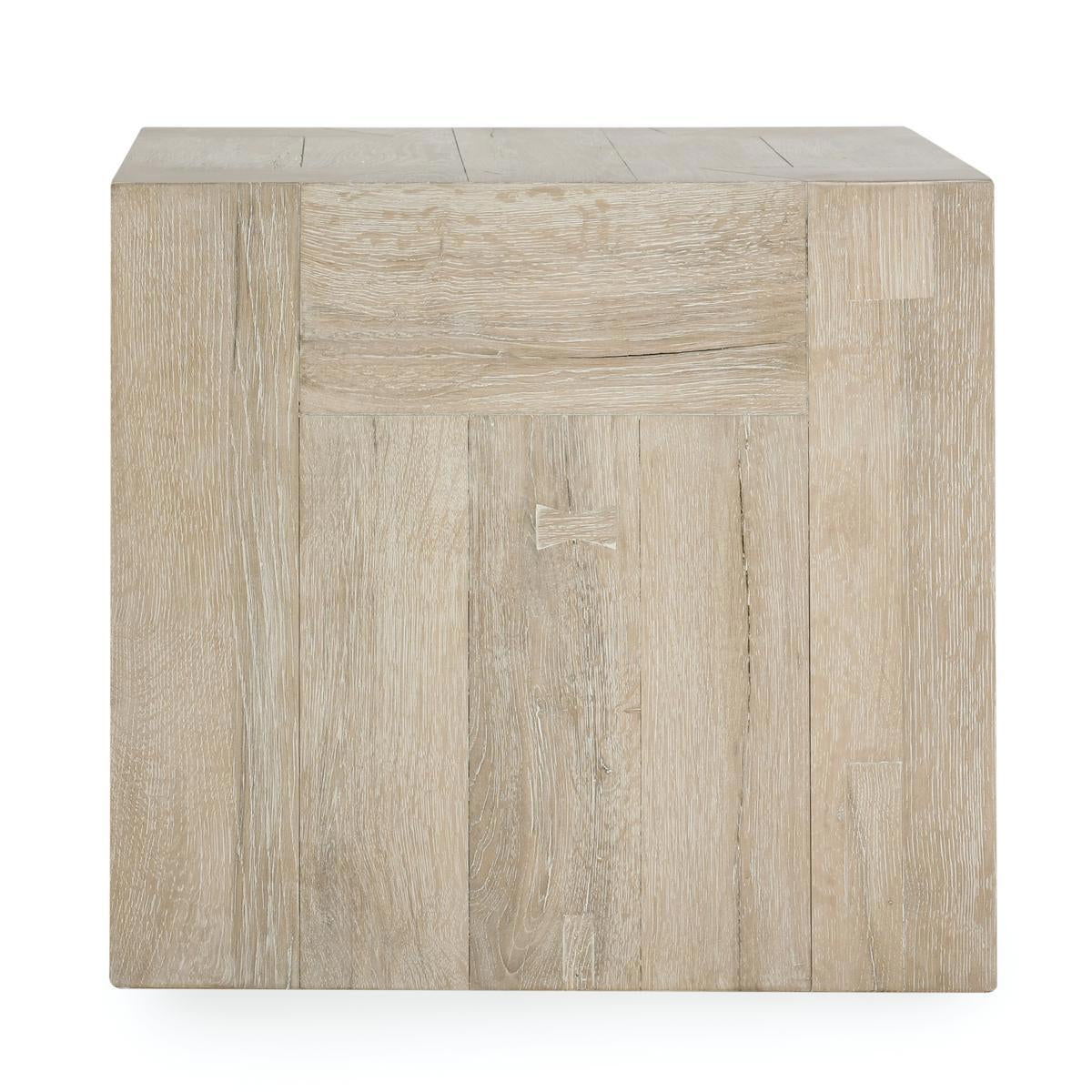 Reclaimed oak storage table with drawer panel on front, aged cream reclaimed wood