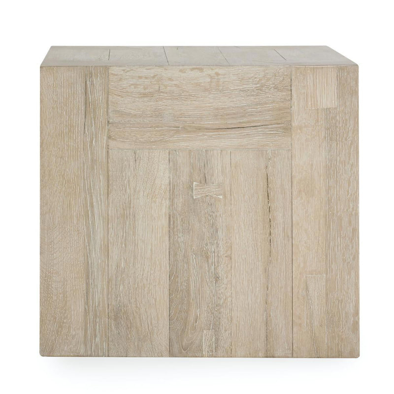 Reclaimed oak storage table with drawer panel on front, aged cream reclaimed wood