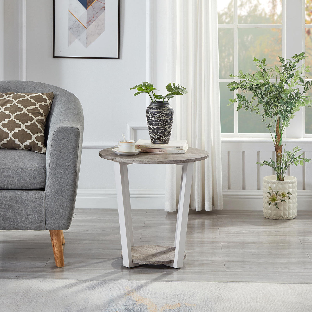 Elysian - Contemporary Round End Table With Shelf - Gray