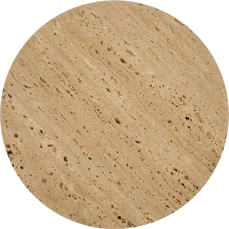 Close-up of round beige travertine tray top with natural speckles and striations