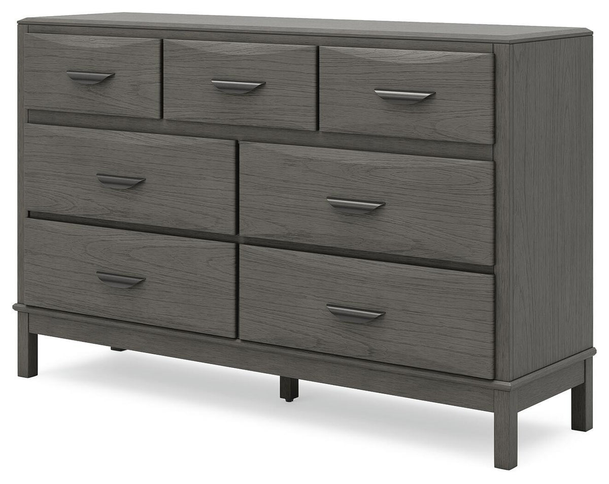 Gray dresser with eight drawers, metal bar pulls, and straight legs