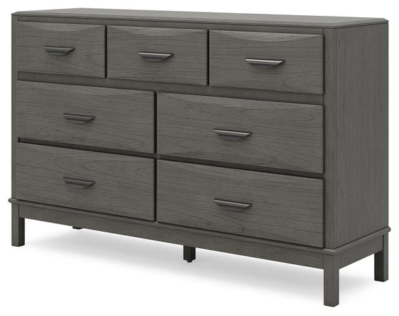 Gray dresser with eight drawers, metal bar pulls, and straight legs
