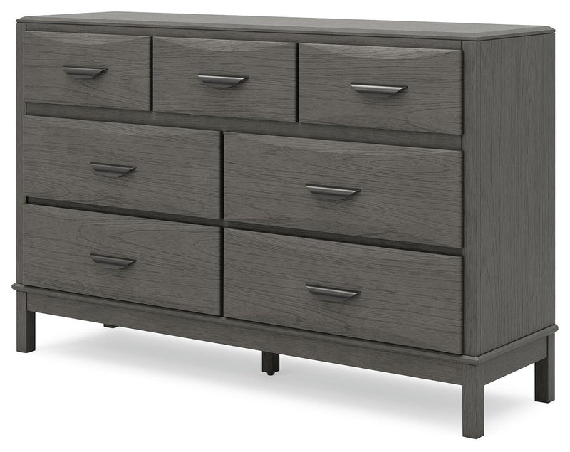 Gray dresser with eight drawers, metal bar pulls, and straight legs