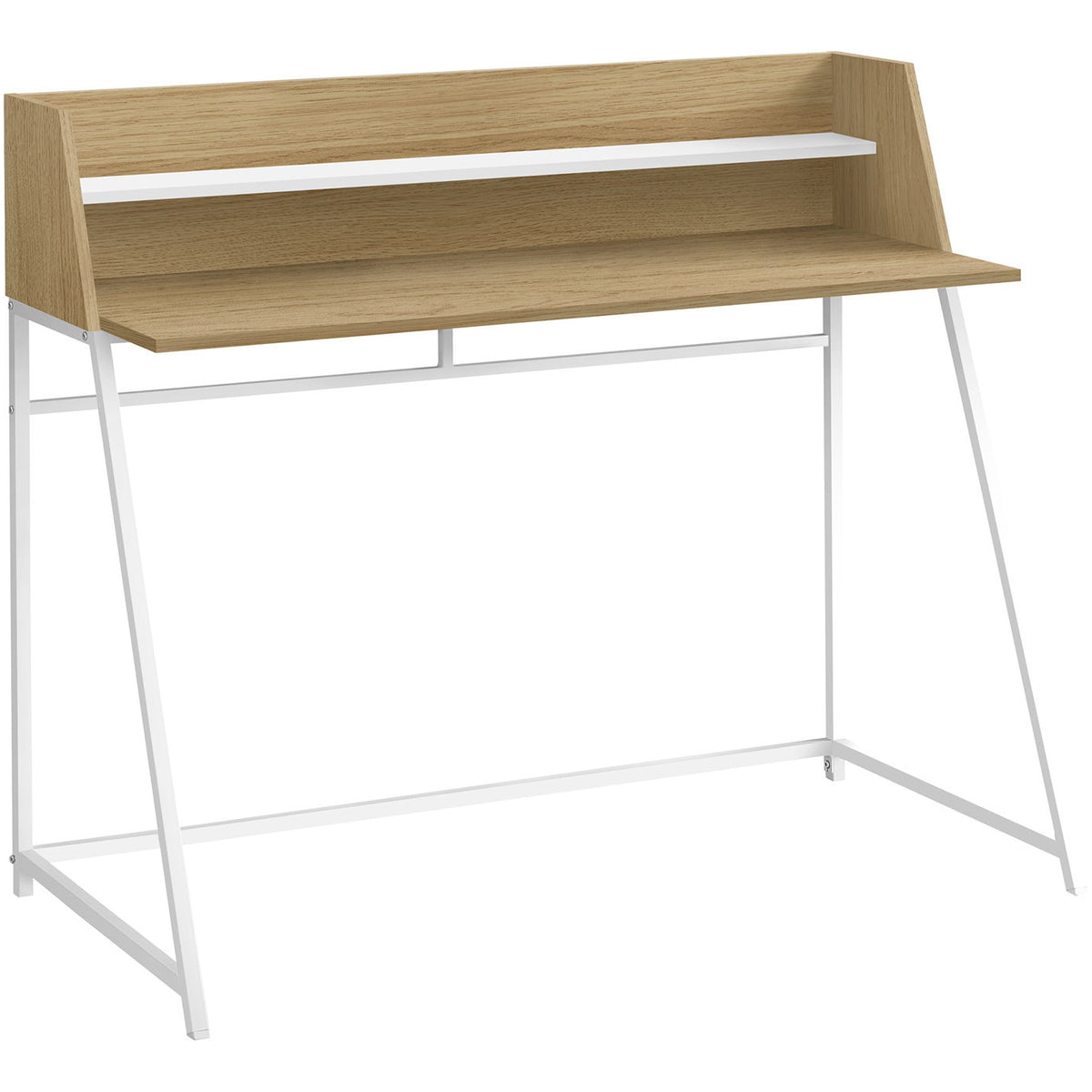 Light brown computer desk with open shelving and white metal legs.