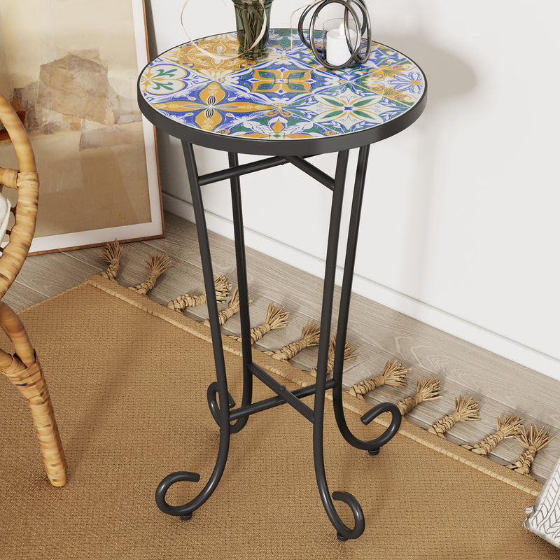 French Country Patio Side Table With Vibrant Tile Top