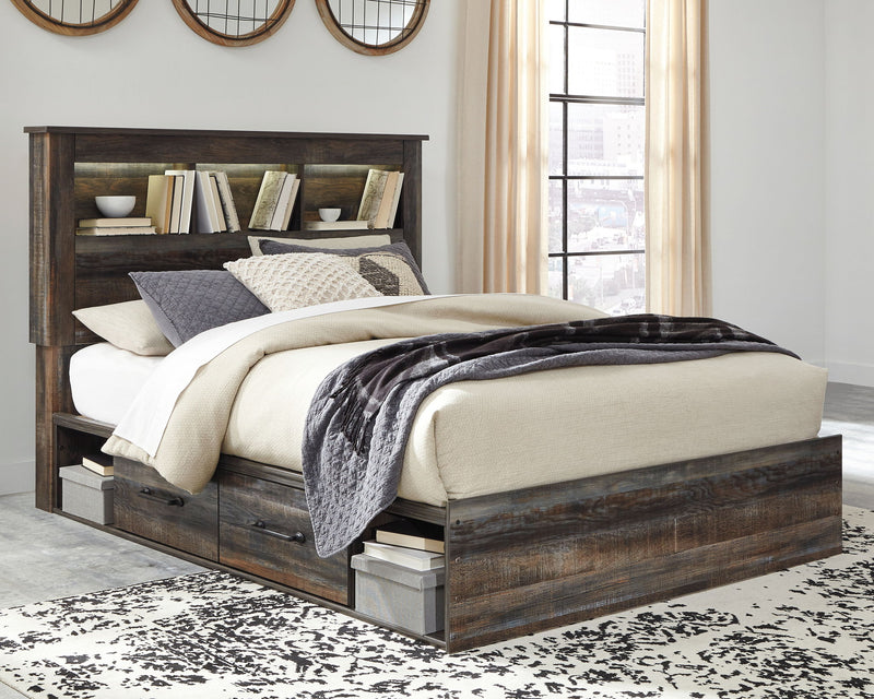 Panel bookcase bed with dark wood finish, open headboard shelving, and side storage drawers