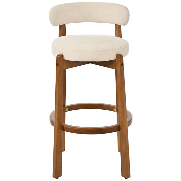 Beige upholstered bar stool with curved backrest, walnut legs, and circular footrest