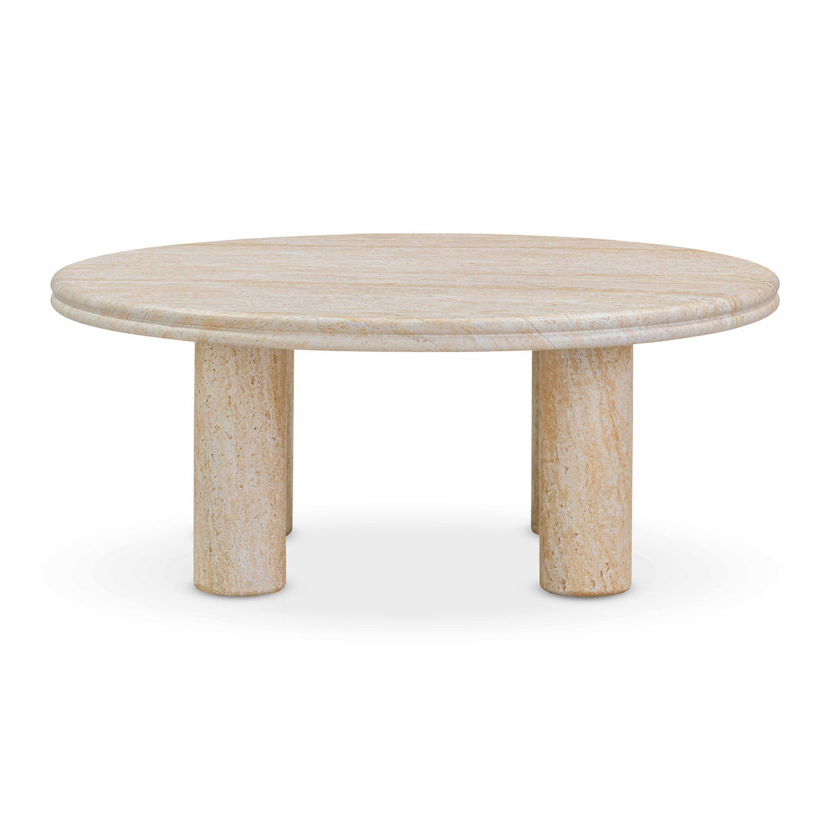Beige round accent table with textured tabletop and three short legs