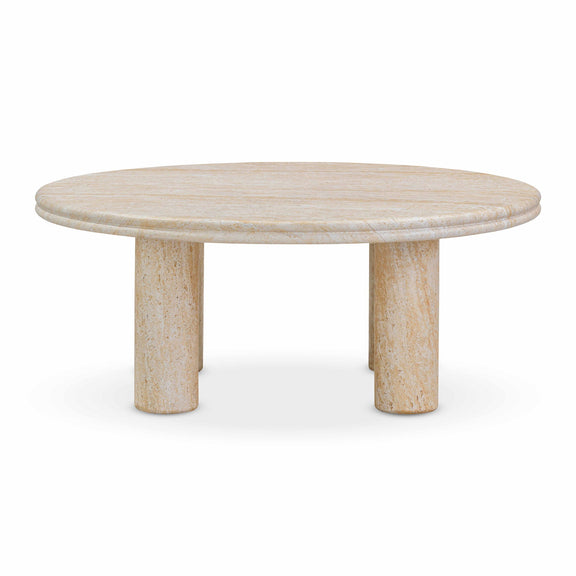Beige round accent table with textured tabletop and three short legs