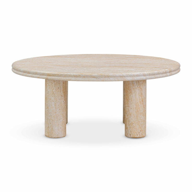 Beige round accent table with textured tabletop and three short legs