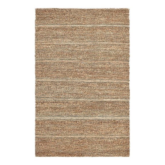 Light brown rug with flat woven texture and horizontal striped pattern