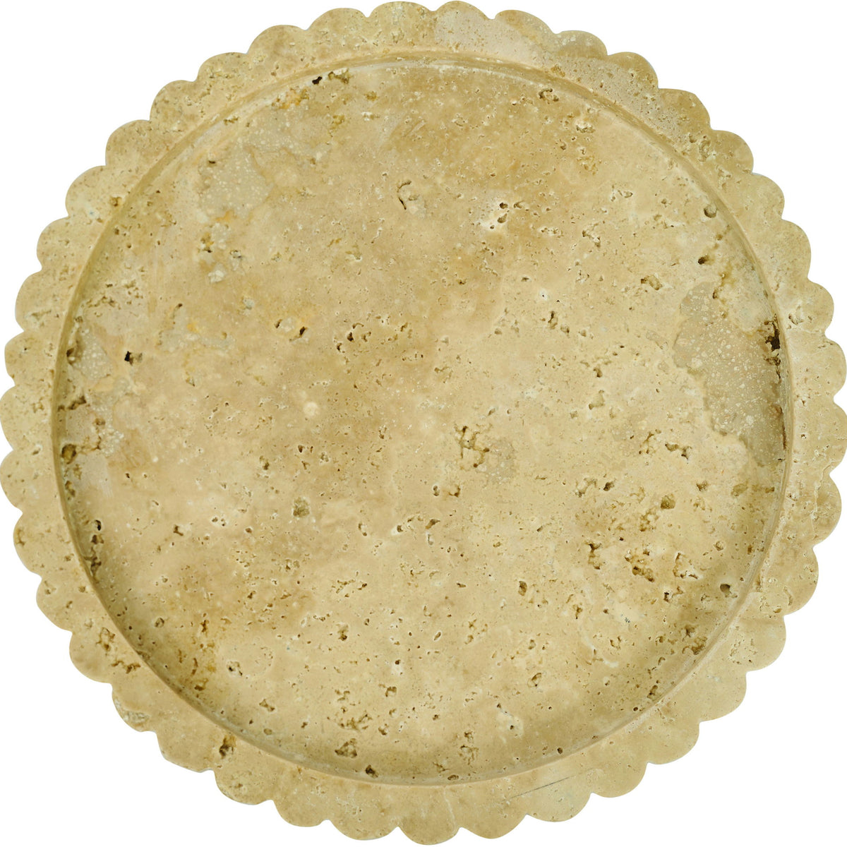 Yellow-beige travertine tray with scalloped rim and speckled circular top.