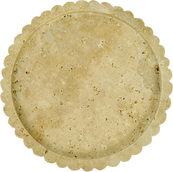 Yellow-beige travertine tray with scalloped rim and speckled circular top.