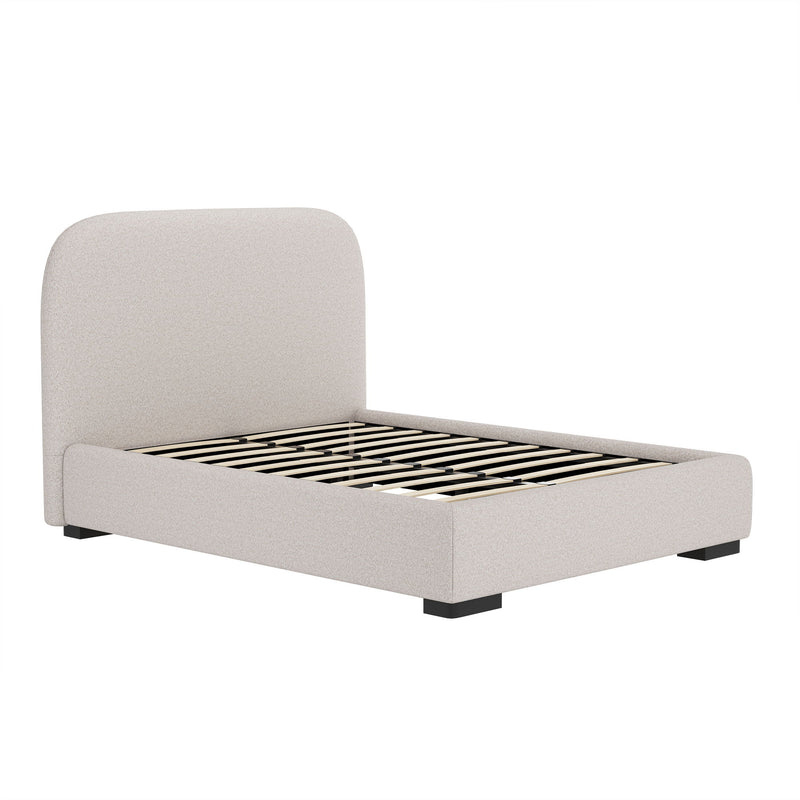 Light gray upholstered bed with rounded headboard, open slat base and black support legs