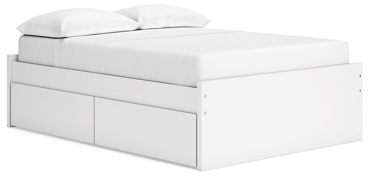 White platform bed with storage drawers and side panels
