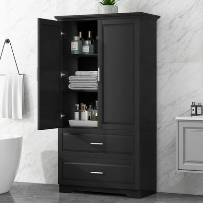 Tall Bathroom Storage Cabinet, Cabinet With 2 Doors And Drawers, Adjustable Shelf